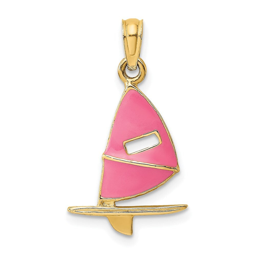 14k Yellow Gold Pink Enameled Windsail Surf Board Charm Pendant for Women