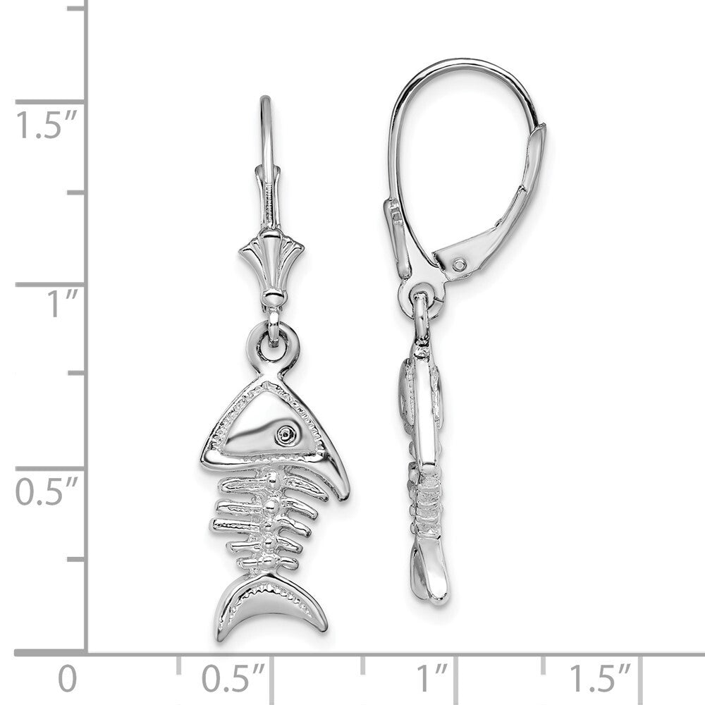 Sterling Silver Rhodium-Plated Polished 3D Fishbone Leverback Earrings