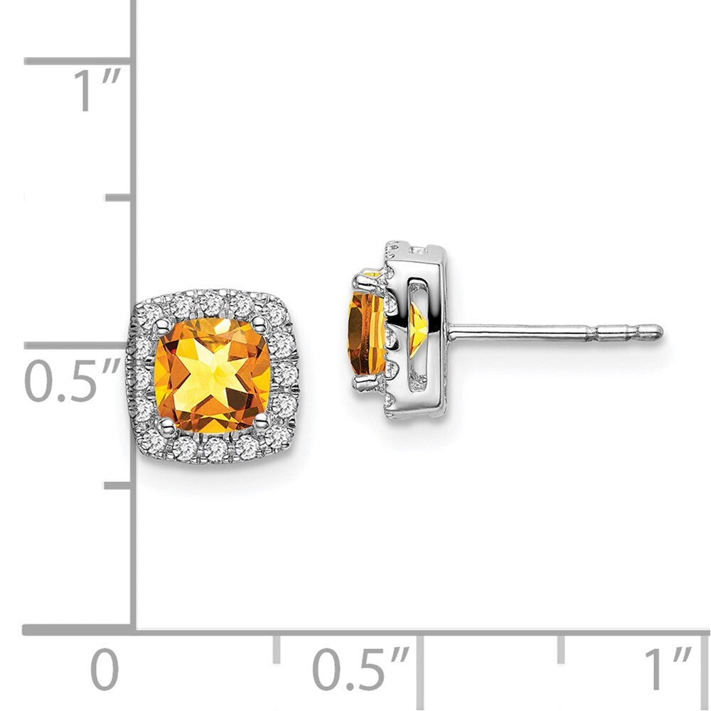 14k White Gold Cushion Citrine and Diamond Halo Stud Earrings