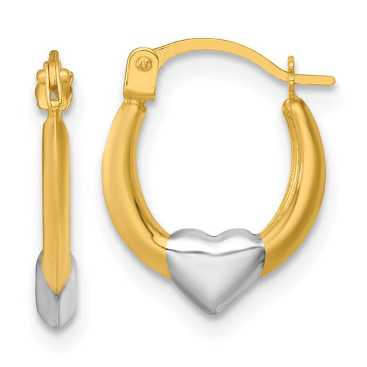 14k Yellow Gold White Rhodium Polished Heart Hoop Earrings Gift for Women