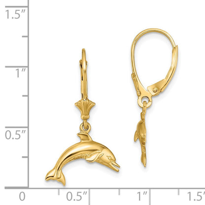 14k Yellow Gold Jumping Dolphin Drop Dangle Earrings
