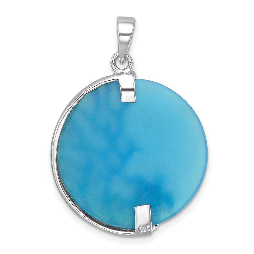 Sterling Silver Rhodium-Plated Polished Blue Agate Turtle and Reef Round Pendant