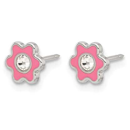 Inverness Stainless Steel Pink Enamel Crystal Flower Post Piercing Earrings