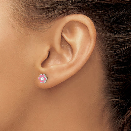 Inverness Stainless Steel Pink Enamel Crystal Flower Post Piercing Earrings