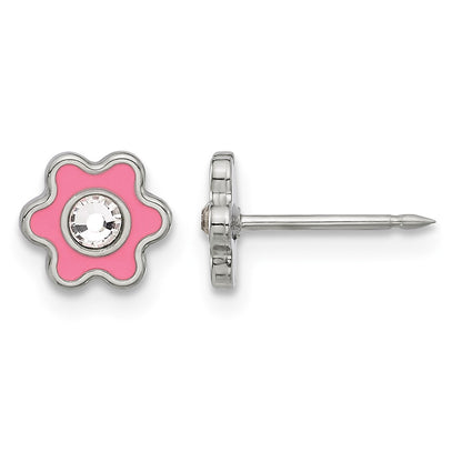 Inverness Stainless Steel Pink Enamel Crystal Flower Post Piercing Earrings