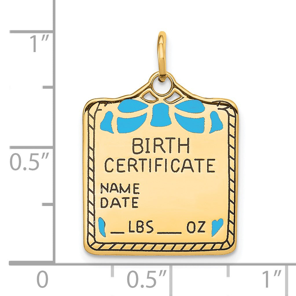 14k Enameled Blue Engravable BIRTH CERTIFICATE Charm