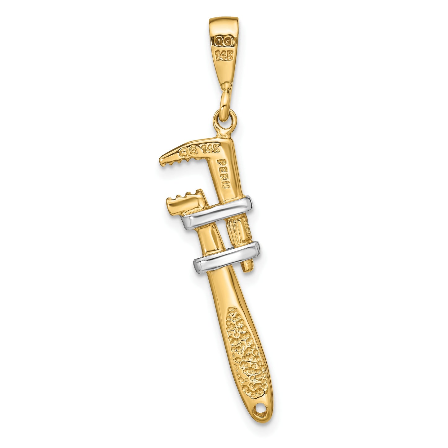 14K and White Rhodium 3-D Pipe Wrench Charm
