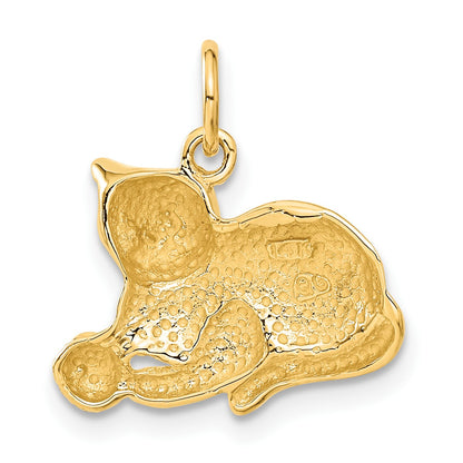 14k Solid Polished Open-Backed Cat with Ball Charm