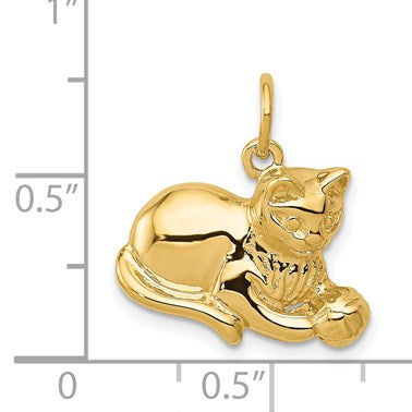 14k Solid Polished Open-Backed Cat with Ball Charm