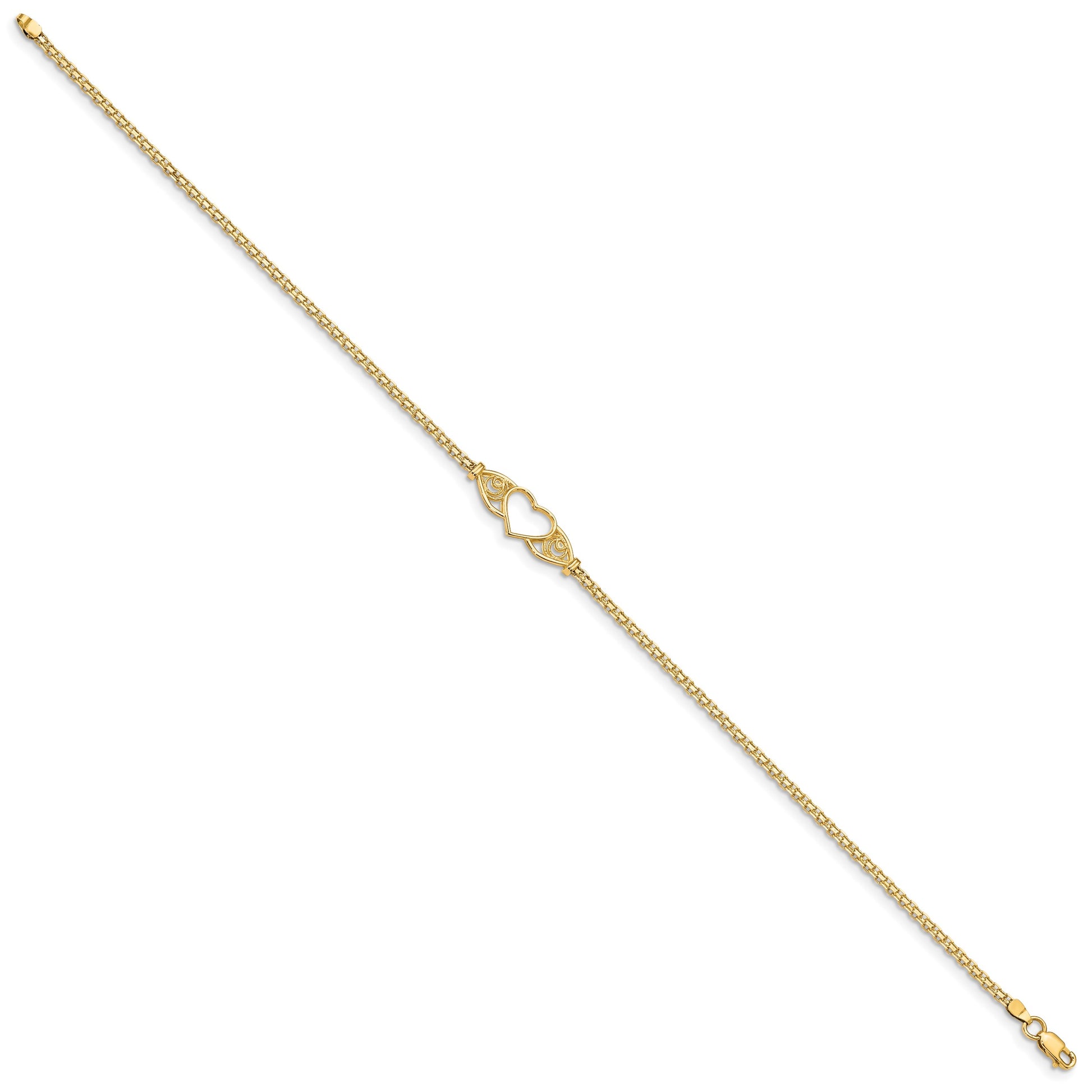 14k Polished Open Heart with Filigree and Bismark Chain 10 inch  Anklet