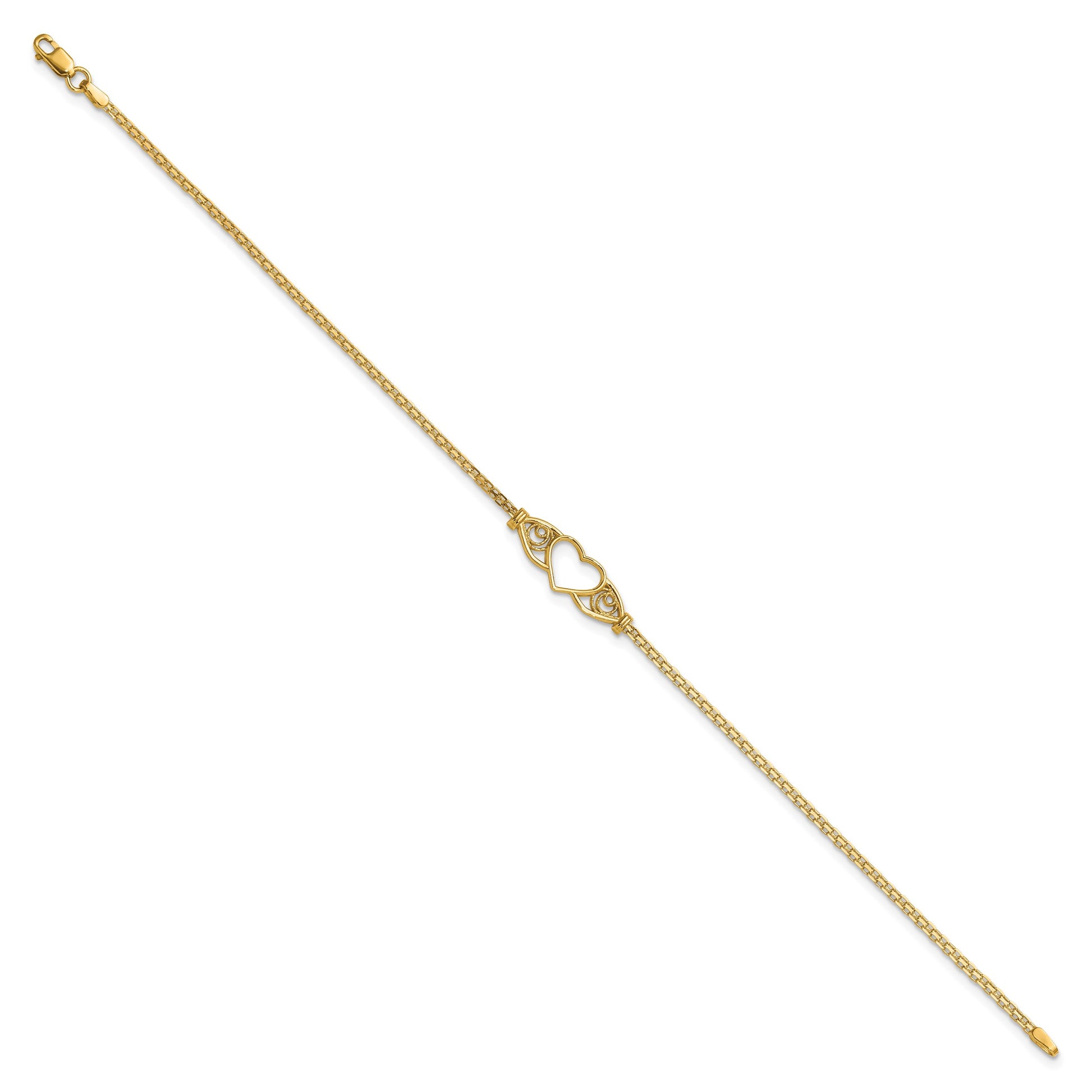 14k Polished Open Heart with Filigree and Bismark Chain 9 inch  Anklet