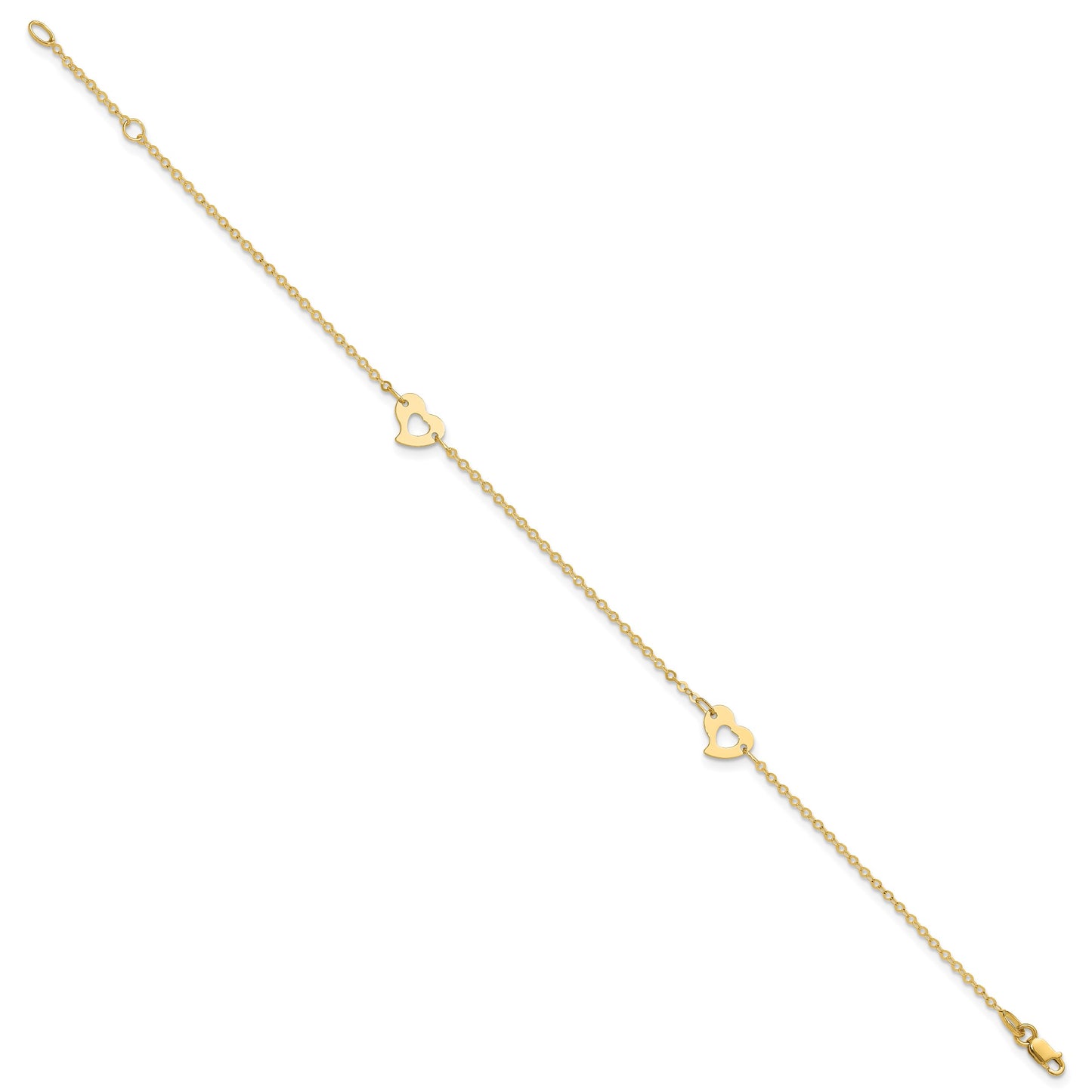 14k Polished Cut-out Heart 9 inch Plus 1 inch Extender - Total 10 inch Anklet
