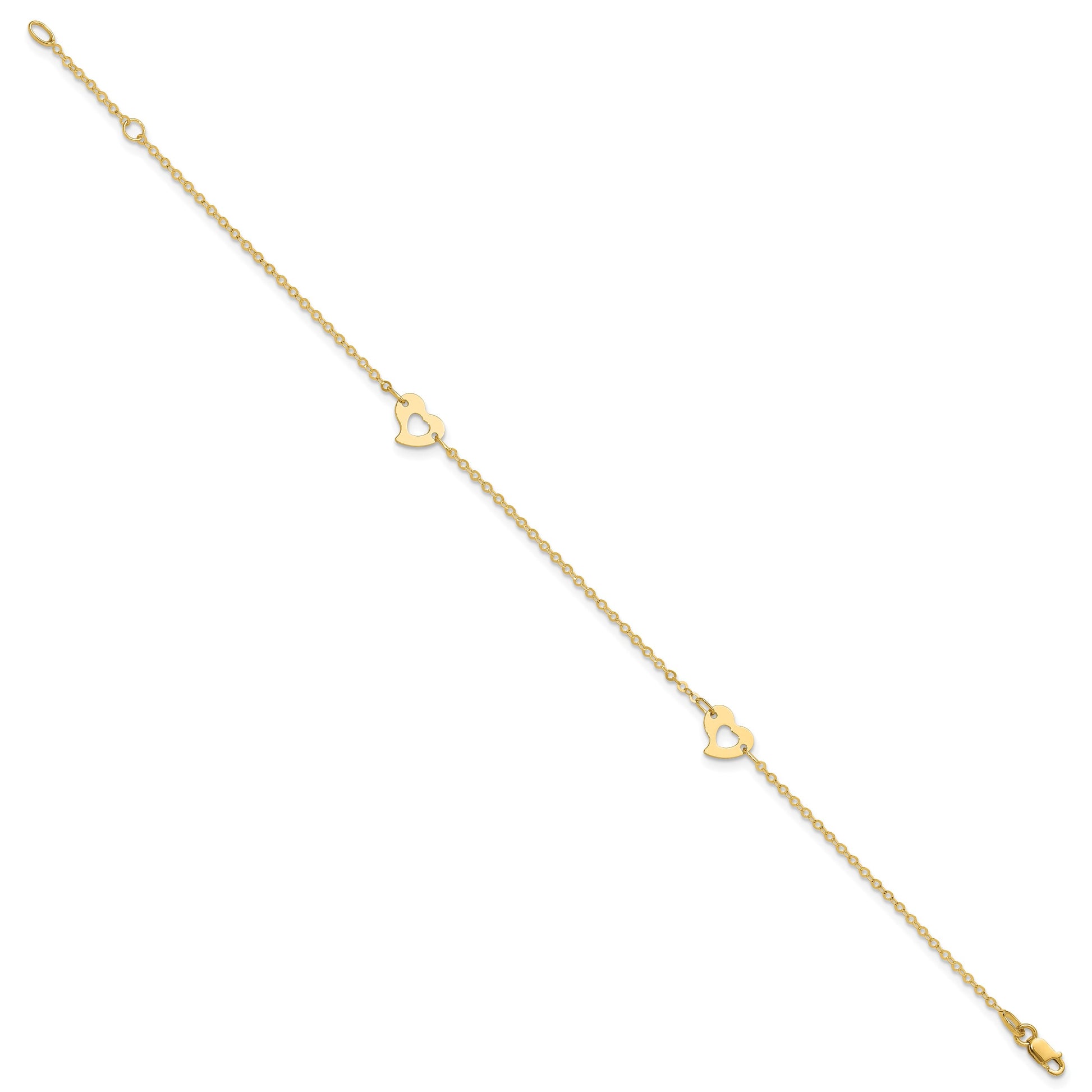 14k Polished Cut-out Heart 9 inch Plus 1 inch Extender - Total 10 inch Anklet