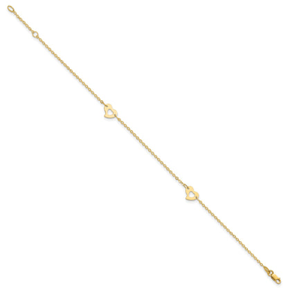 14k Polished Cut-out Heart 9 inch Plus 1 inch Extender - Total 10 inch Anklet