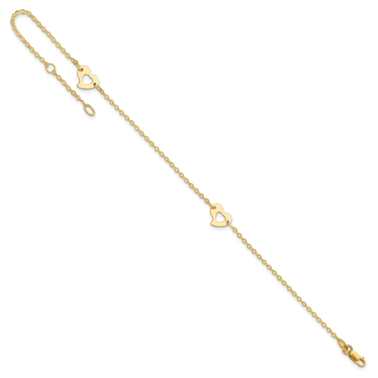 14k Polished Cut-out Heart 9 inch Plus 1 inch Extender - Total 10 inch Anklet