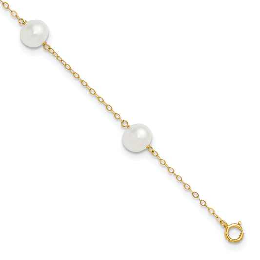 14k 7-8mm White Near-Round Freshwater Cultured Pearl 5-Station 9 inch Anklet