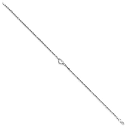 14k White Gold Diamond-cut Open Heart and Rope Chain 10 inch Anklet
