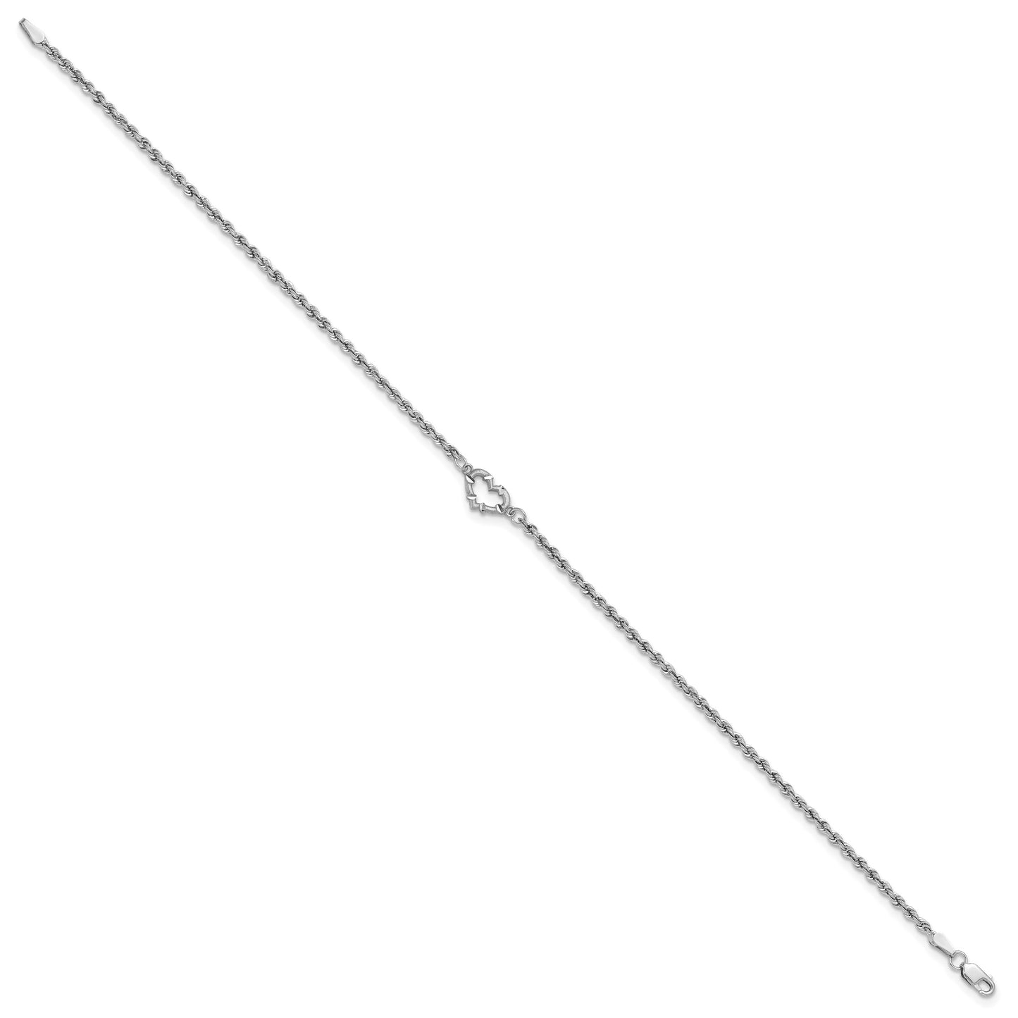 14k White Gold Diamond-cut Open Heart and Rope Chain 9 inch Anklet