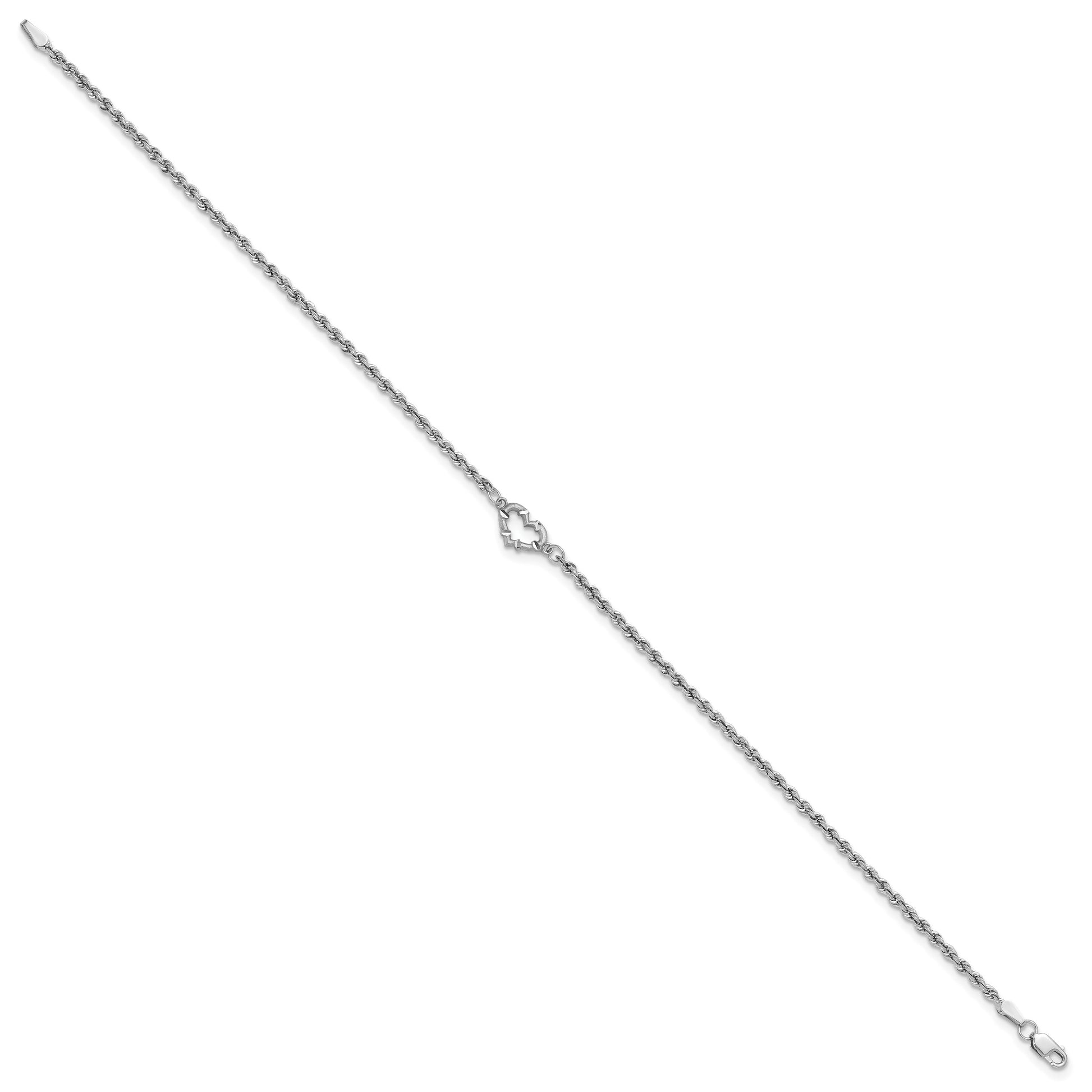 14k White Gold Diamond-cut Open Heart and Rope Chain 9 inch Anklet