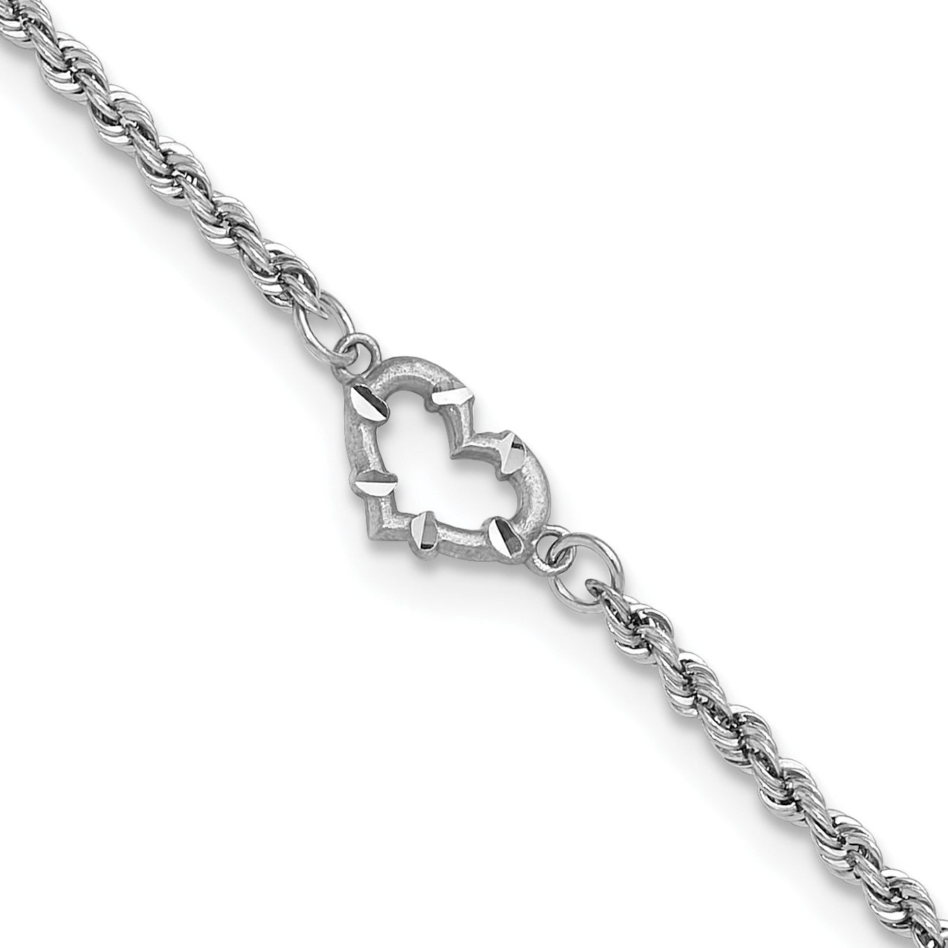 14k White Gold Diamond-cut Open Heart and Rope Chain 11 inch Anklet