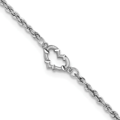 14k White Gold Diamond-cut Open Heart and Rope Chain 11 inch Anklet