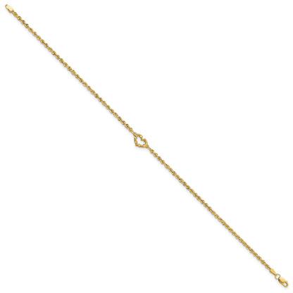 14k Diamond-cut Open Heart and Rope Chain 10 inch Anklet