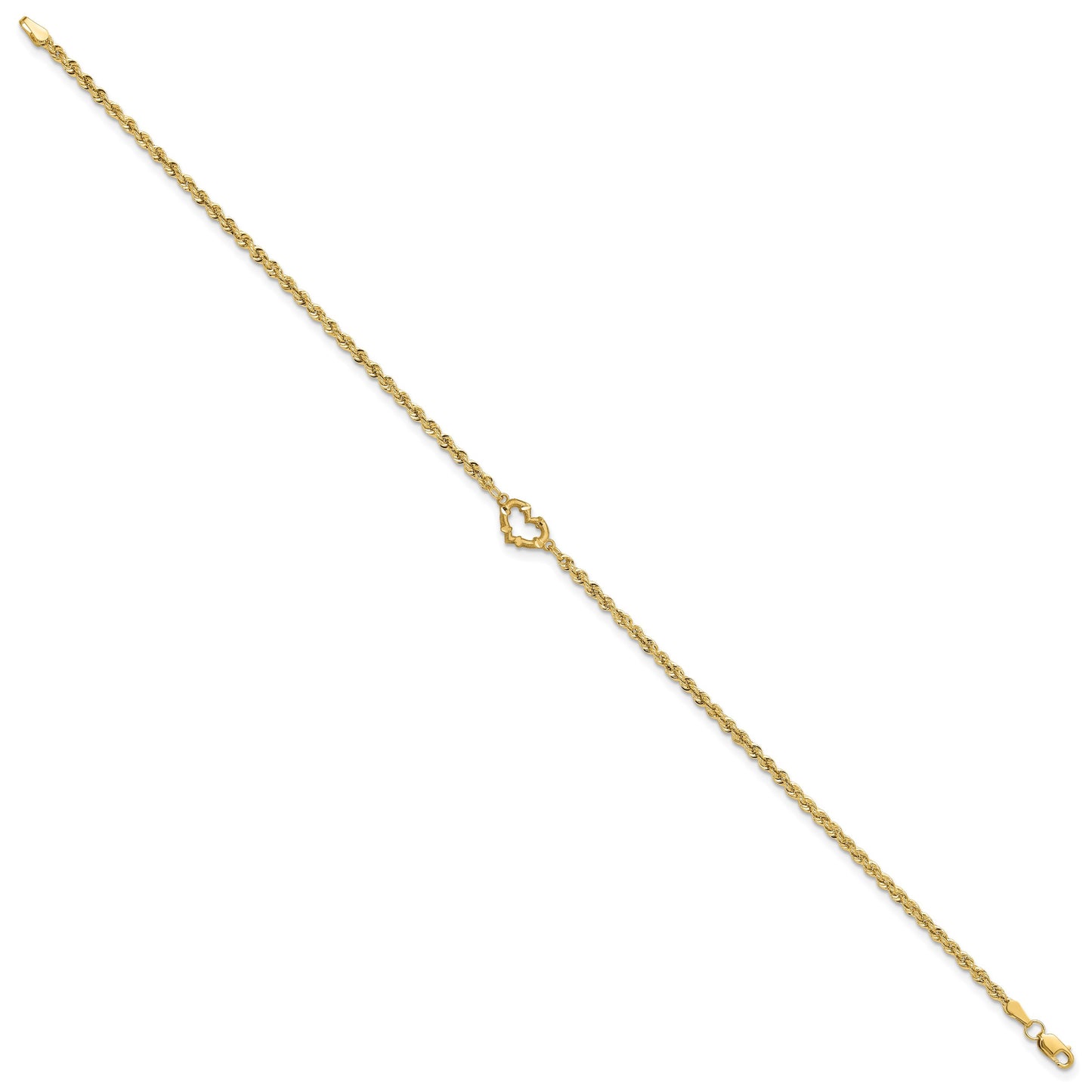 14k Diamond-cut Open Heart and Rope Chain 11 inch Anklet