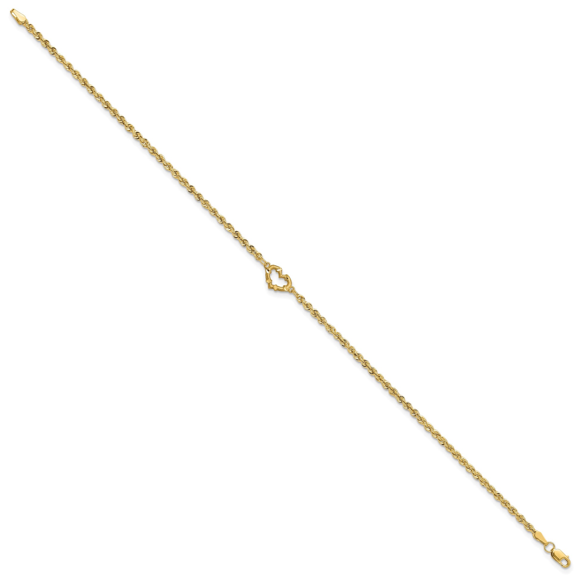 14k Diamond-cut Open Heart and Rope Chain 11 inch Anklet