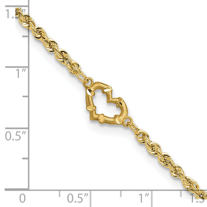 14k Diamond-cut Open Heart and Rope Chain 10 inch Anklet