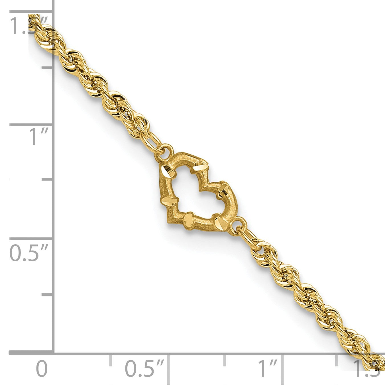 14k Diamond-cut Open Heart and Rope Chain 9 inch Anklet