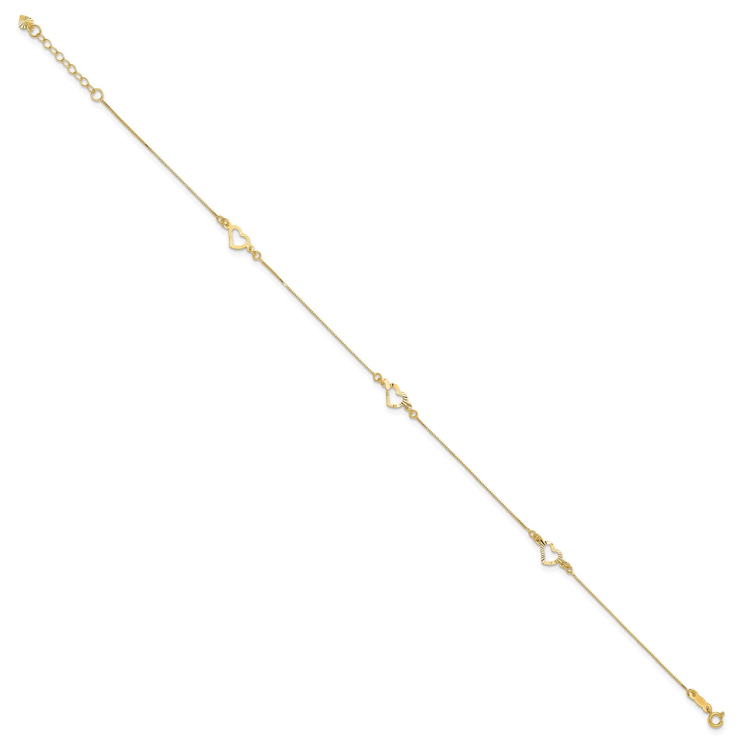 14k Diamond-cut Open Heart 3-Station 10 inch Plus 1 inch Extender - Total 11 inch Anklet