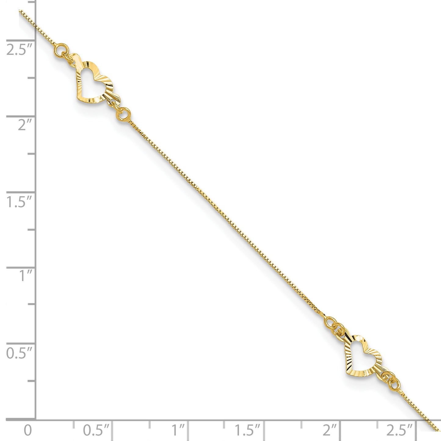 14k Diamond-cut Open Heart 3-Station 10 inch Plus 1 inch Extender - Total 11 inch Anklet