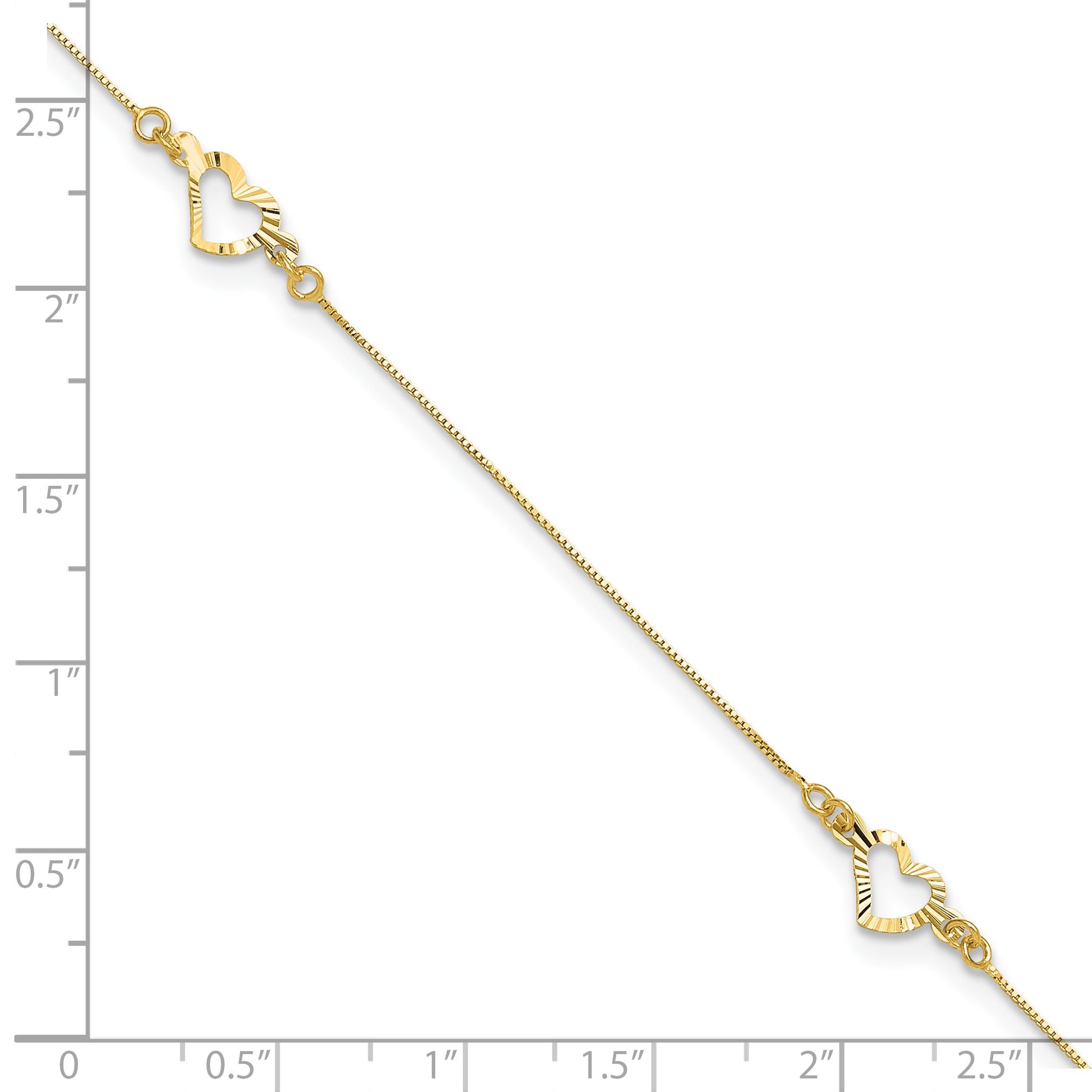 14k Diamond-cut Open Heart 3-Station 10 inch Plus 1 inch Extender - Total 11 inch Anklet