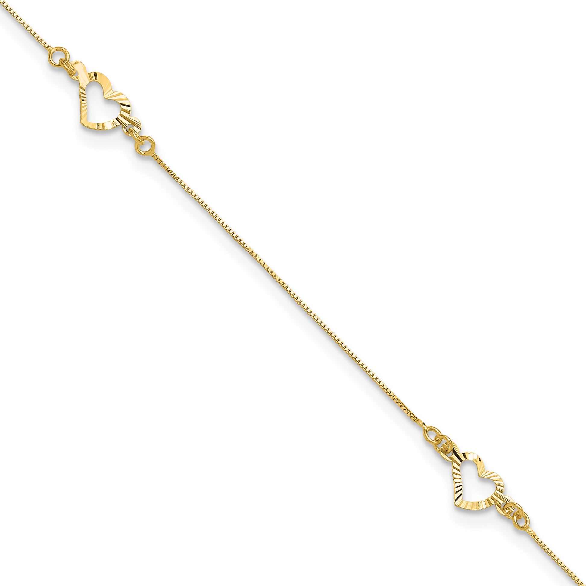 14k Diamond-cut Open Heart 3-Station 10 inch Plus 1 inch Extender - Total 11 inch Anklet