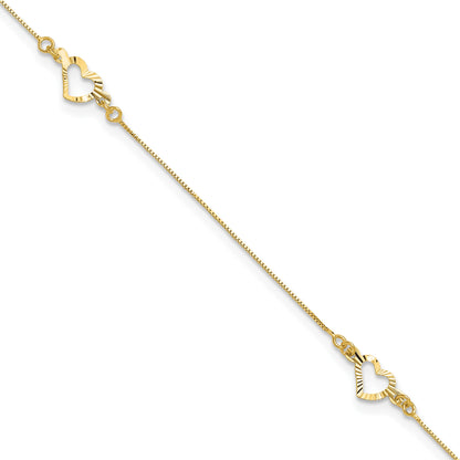 14k Diamond-cut Open Heart 3-Station 10 inch Plus 1 inch Extender - Total 11 inch Anklet