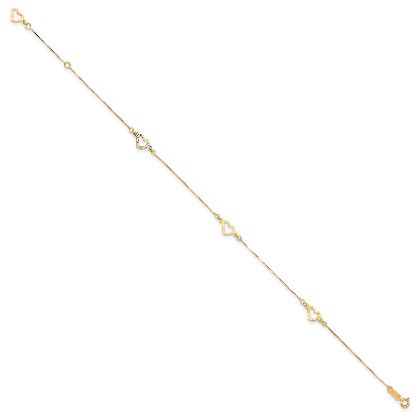 14K Fancy Open Hearts 3-Station 10 inch Plus 1 inch Extender - Total 11 inch Anklet