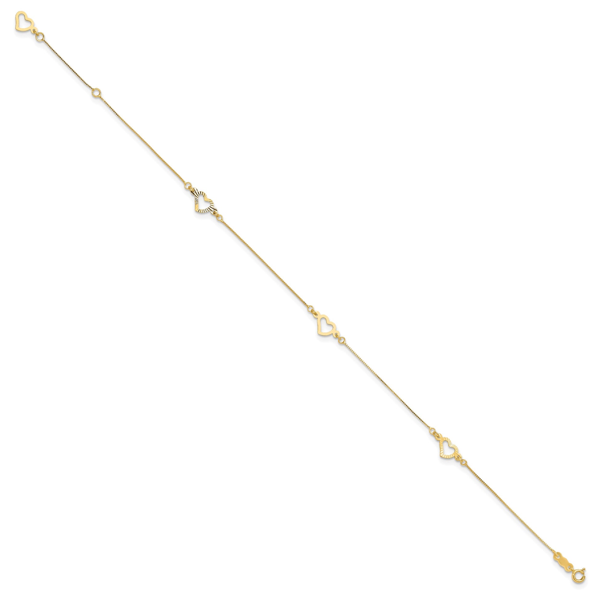 14K Fancy Open Hearts 3-Station 10 inch Plus 1 inch Extender - Total 11 inch Anklet