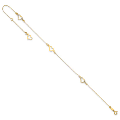14K Fancy Open Hearts 3-Station 10 inch Plus 1 inch Extender - Total 11 inch Anklet