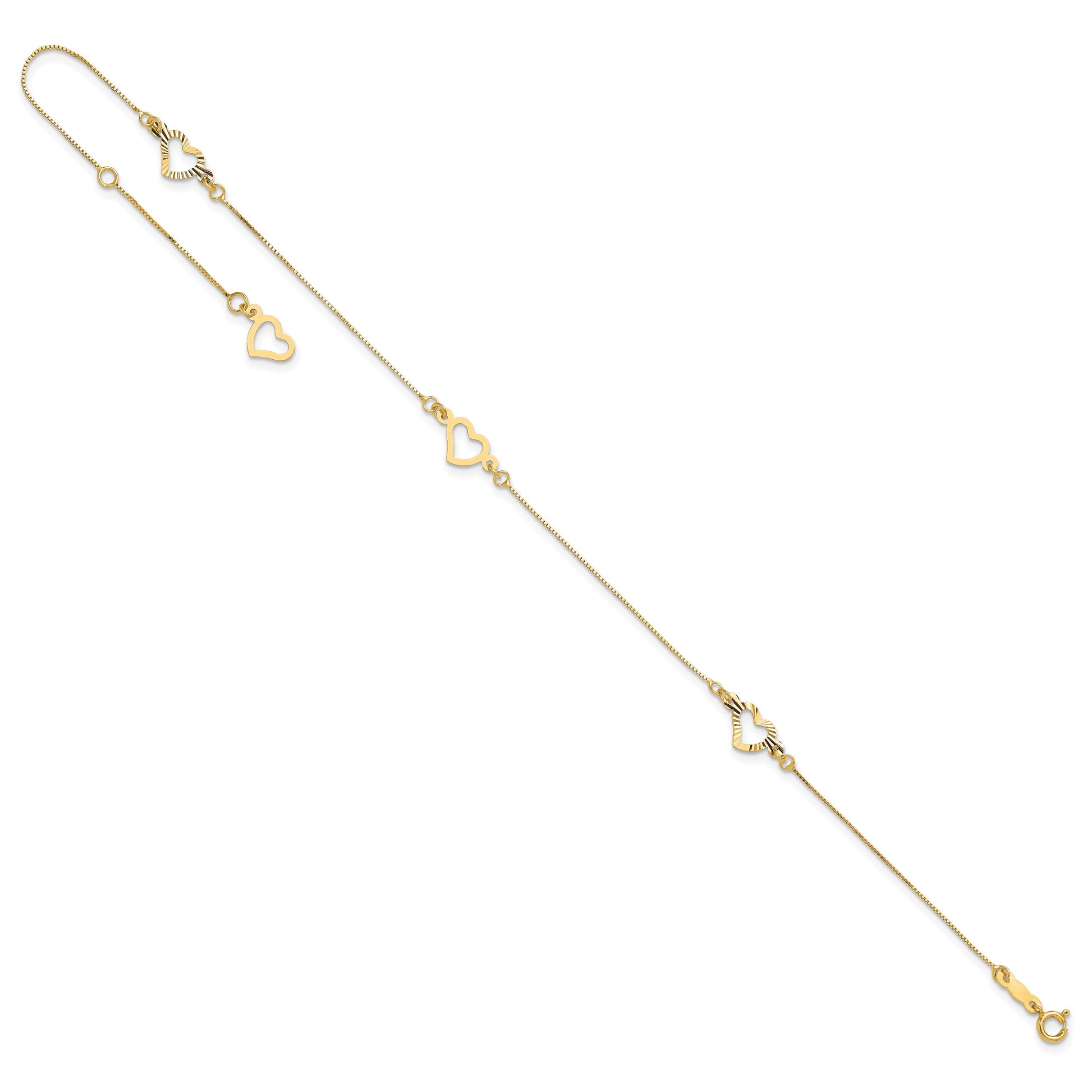 14K Fancy Open Hearts 3-Station 9 inch Plus 1 inch Extender - Total 10 inch Anklet