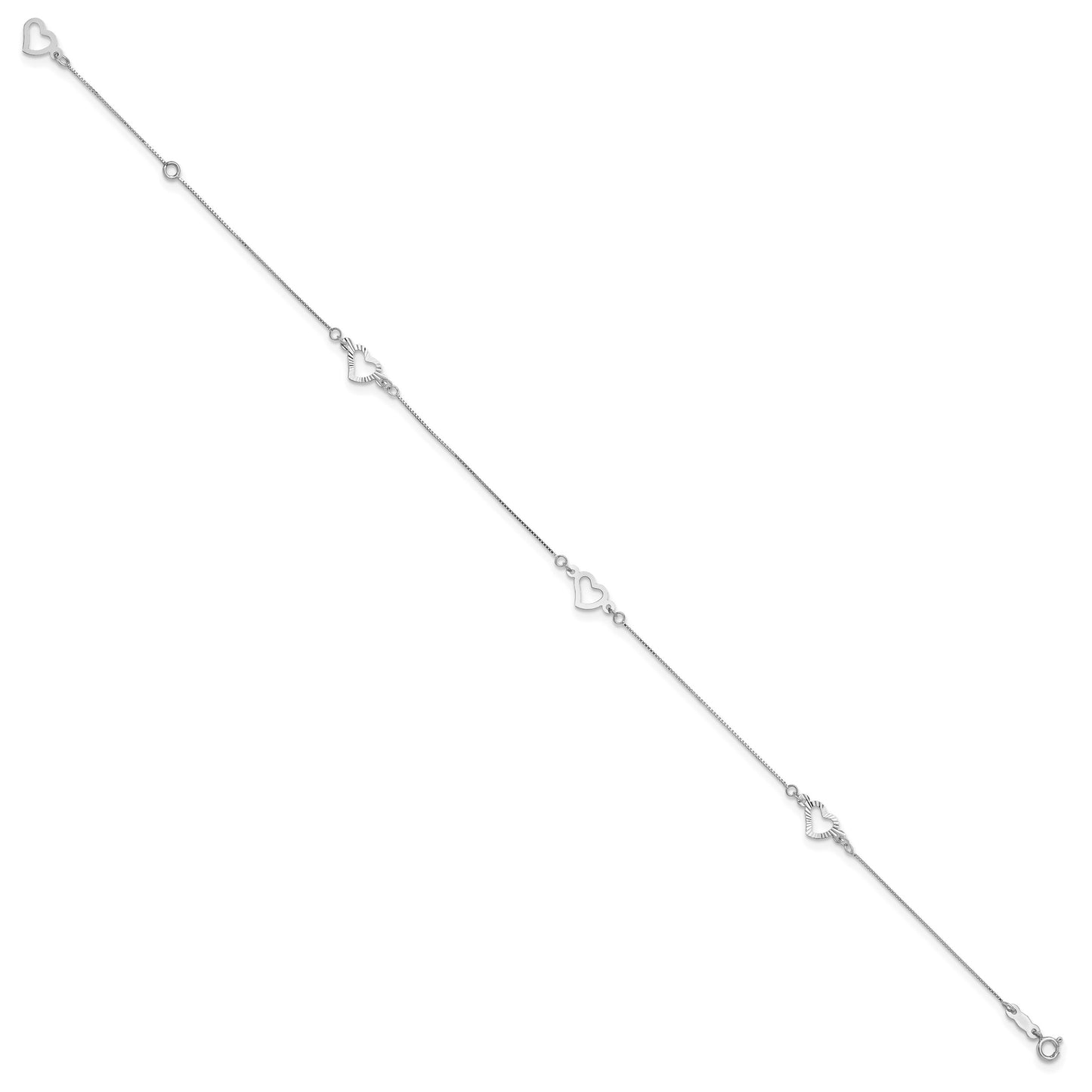 14K White Gold Fancy Open Hearts 3-Station 9 inch Plus 1 inch Extender - Total 10 inch Anklet