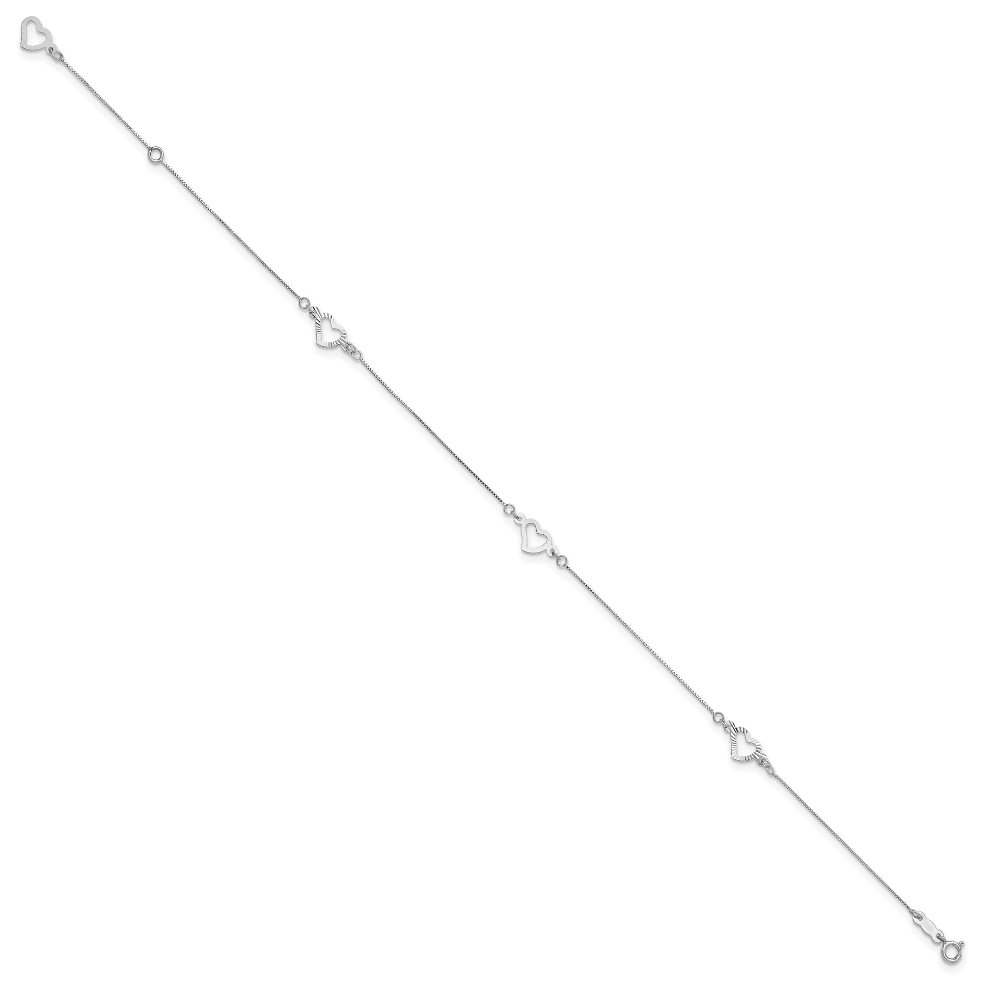 14K White Gold Fancy Open Hearts 3-Station 9 inch Plus 1 inch Extender - Total 10 inch Anklet