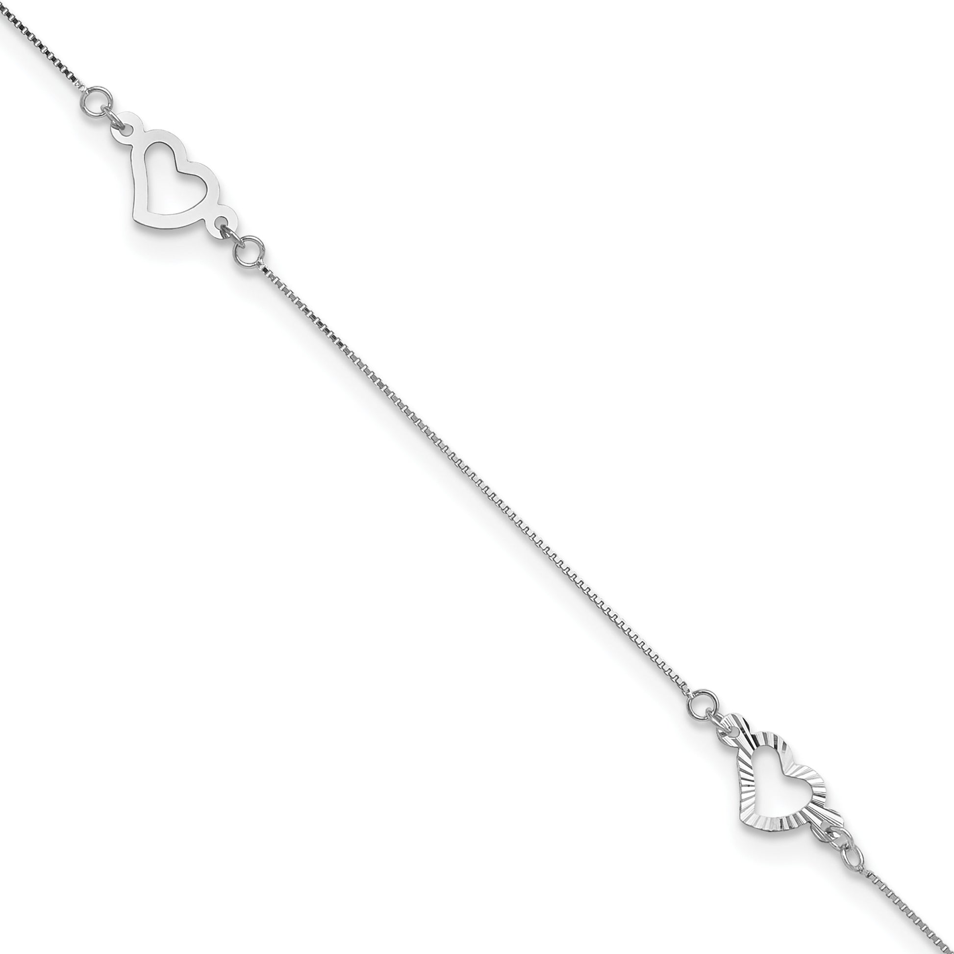 14K White Gold Fancy Open Hearts 3-Station 9 inch Plus 1 inch Extender - Total 10 inch Anklet