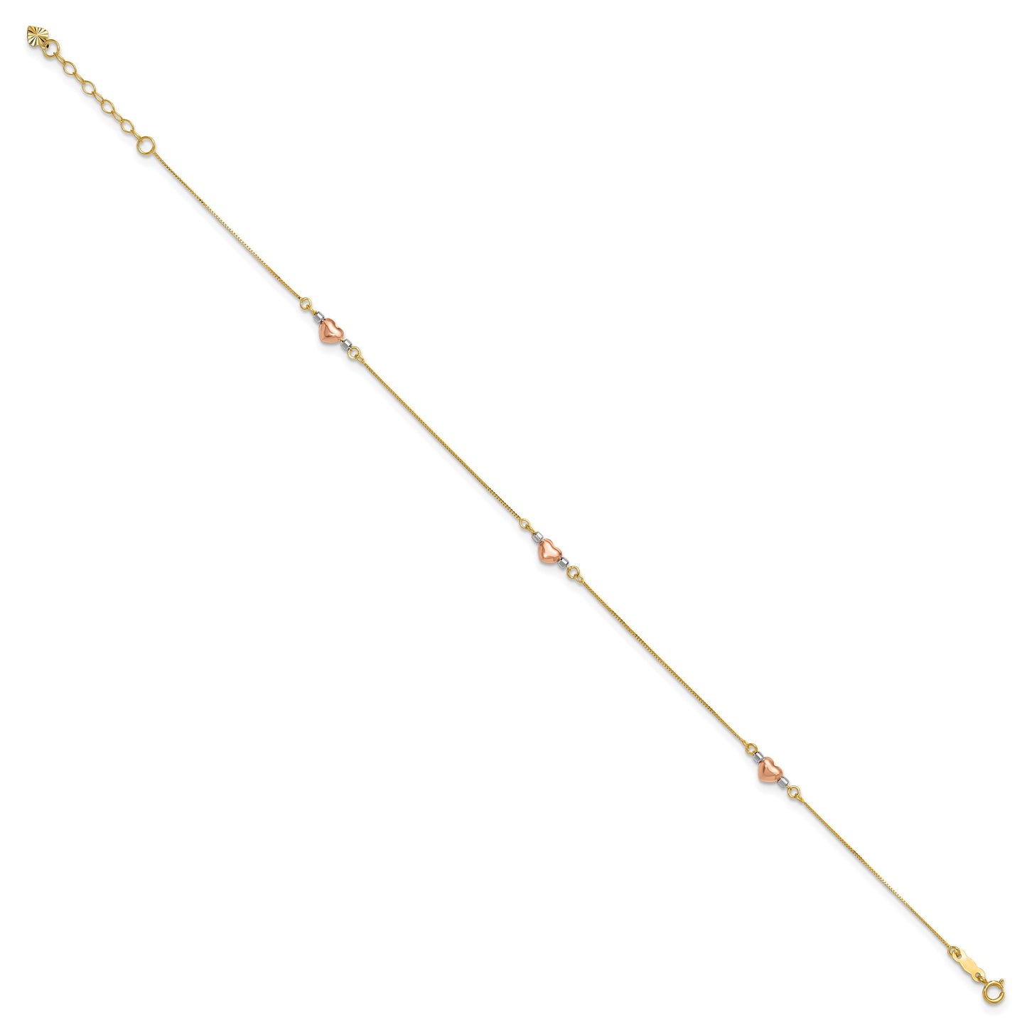 14k Tri-Color Puffed Hearts and Beads 10 inch Plus 1 inch Extender - Total 11 inch Anklet