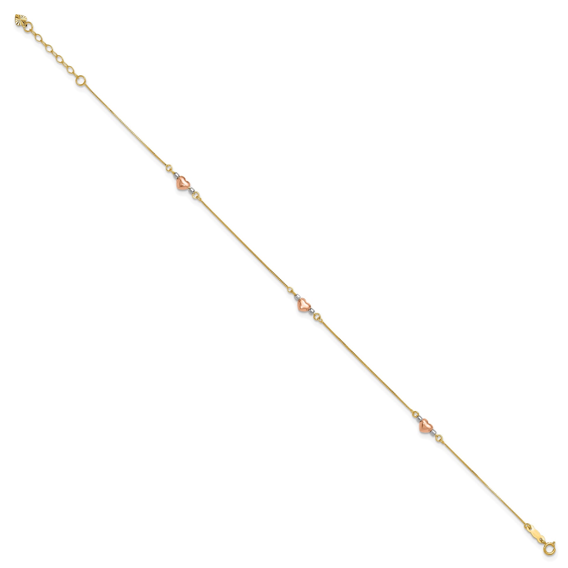 14k Tri-Color Puffed Hearts and Beads 10 inch Plus 1 inch Extender - Total 11 inch Anklet