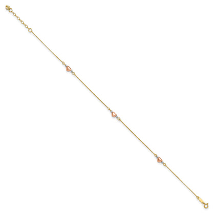 14k Tri-Color Puffed Hearts and Beads 10 inch Plus 1 inch Extender - Total 11 inch Anklet