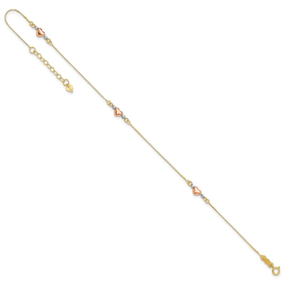 14k Tri-Color Puffed Hearts and Beads 10 inch Plus 1 inch Extender - Total 11 inch Anklet