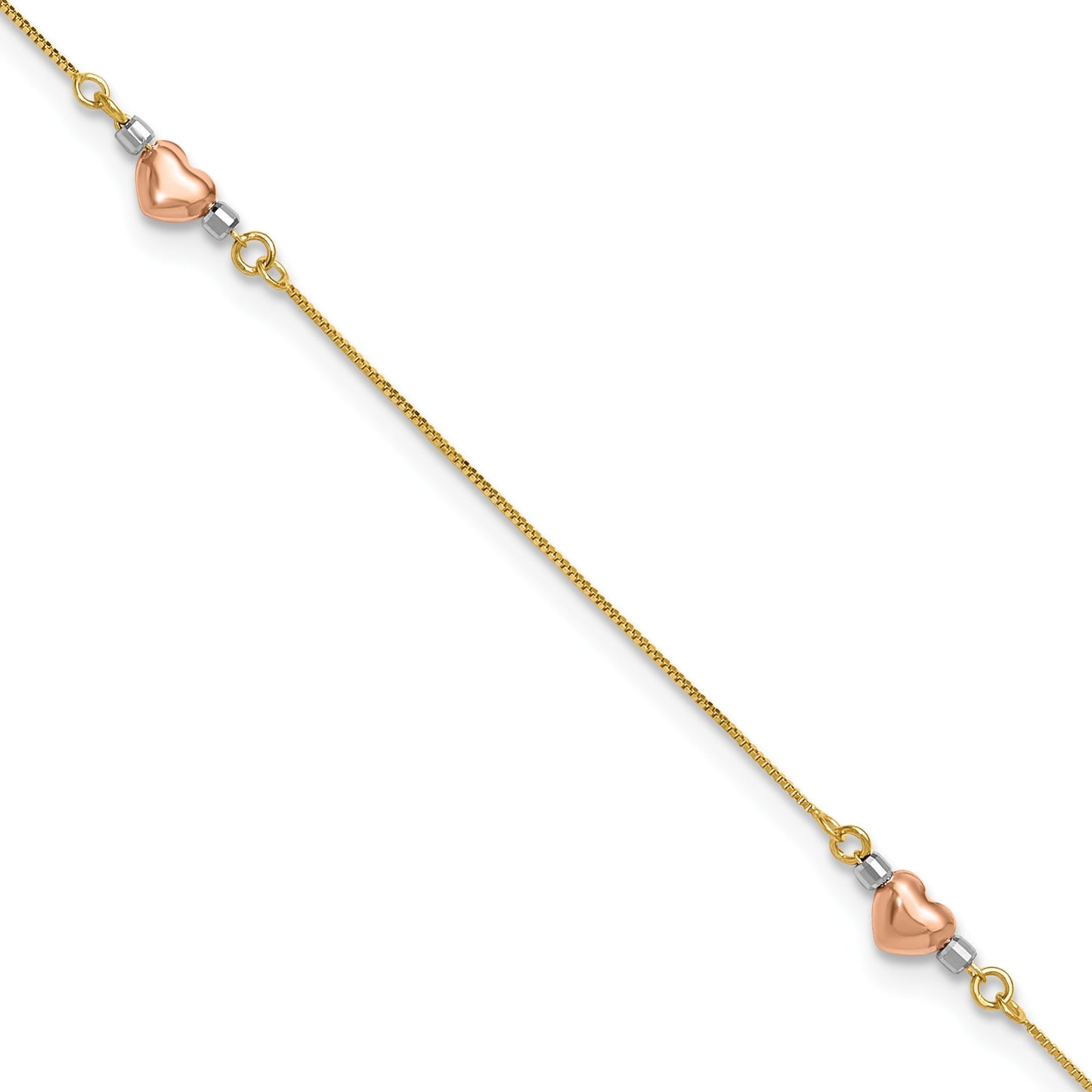 14k Tri-Color Puffed Hearts and Beads 10 inch Plus 1 inch Extender - Total 11 inch Anklet