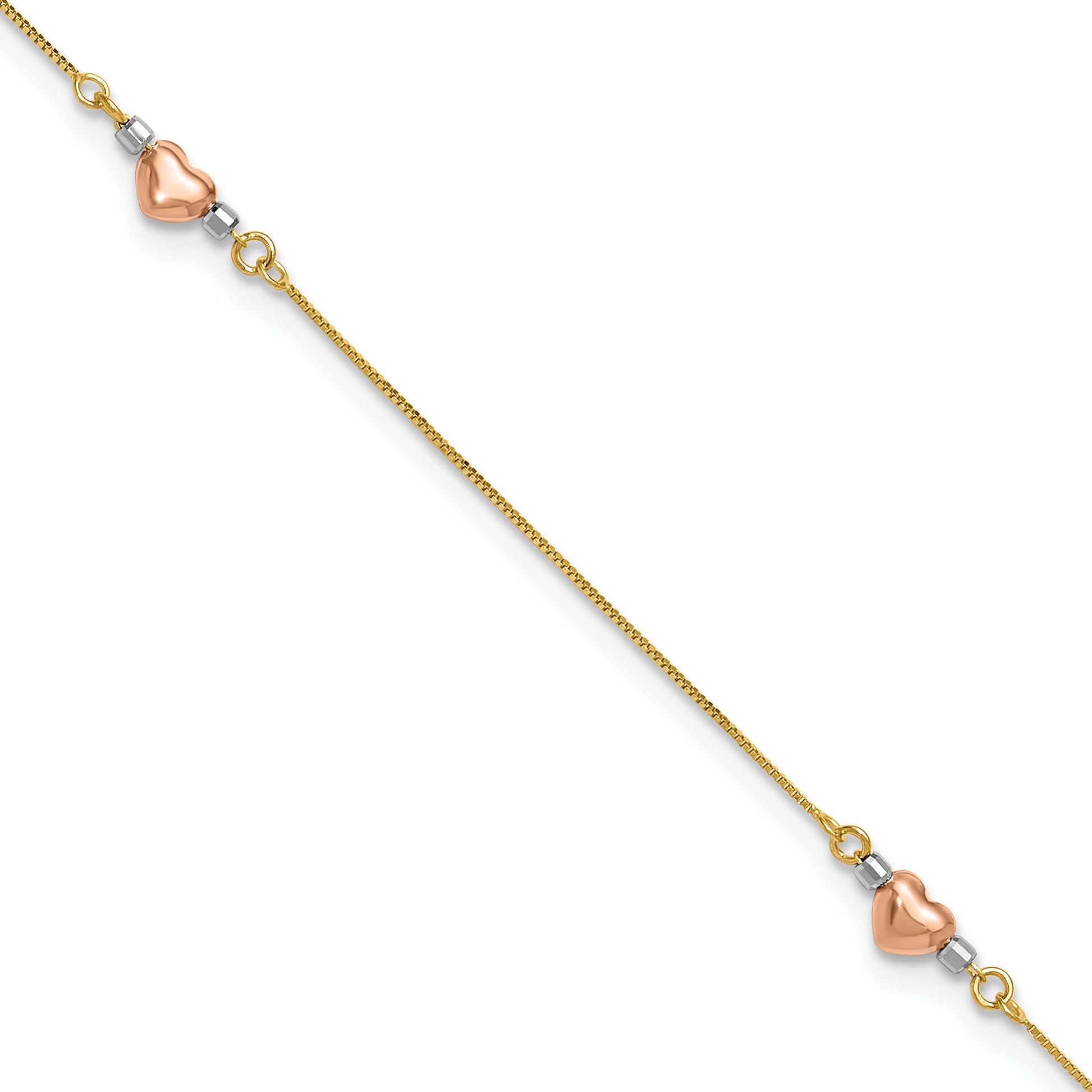 14k Tri-Color Puffed Hearts and Beads 10 inch Plus 1 inch Extender - Total 11 inch Anklet