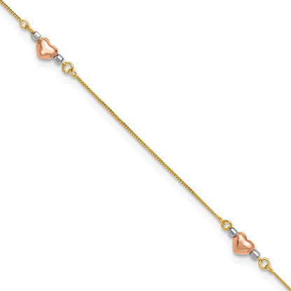 14k Tri-Color Puffed Hearts and Beads 10 inch Plus 1 inch Extender - Total 11 inch Anklet