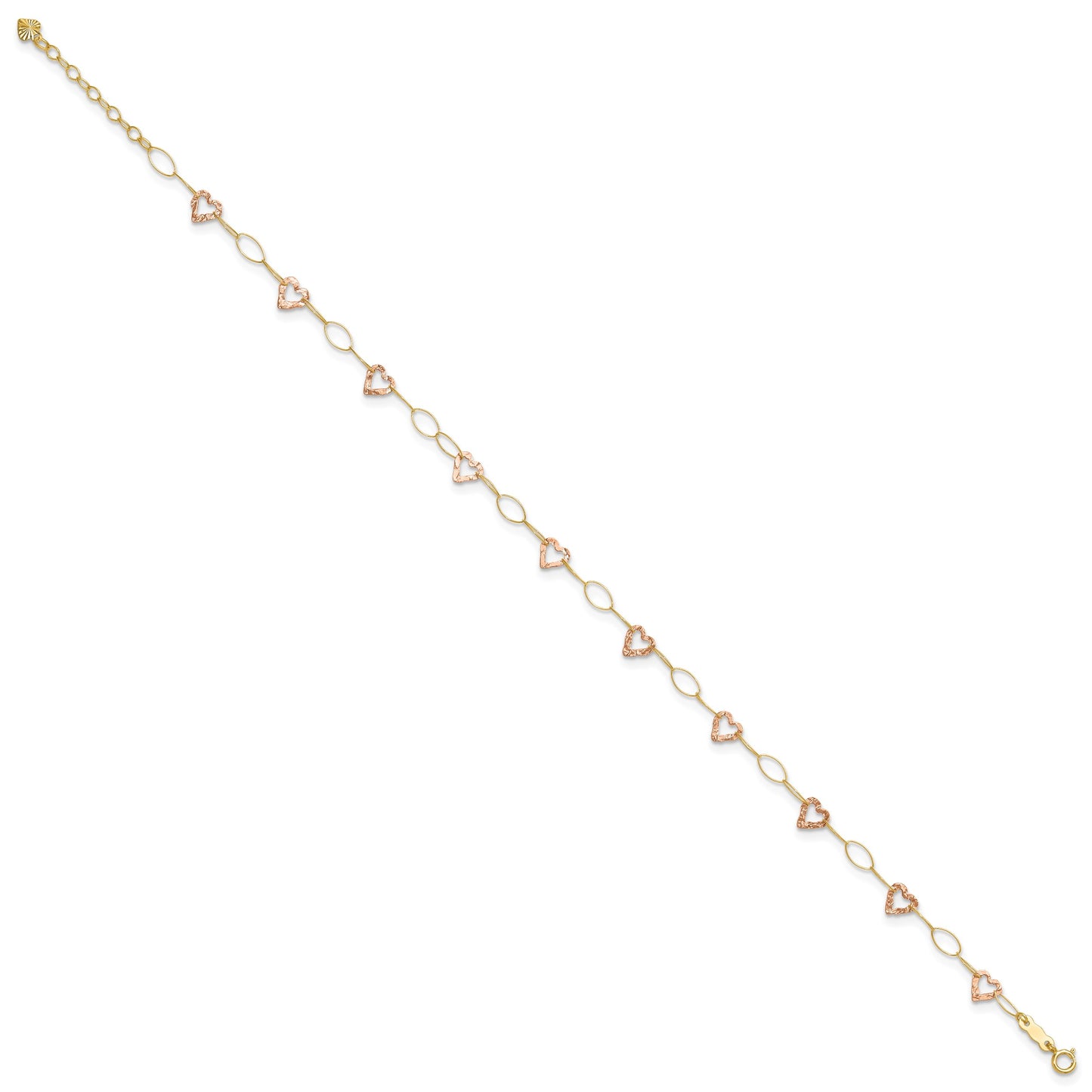 14k Two-tone Hammered Open Hearts and Oval Link 9 inch Plus 1 inch Extender - Total 10 inch Anklet